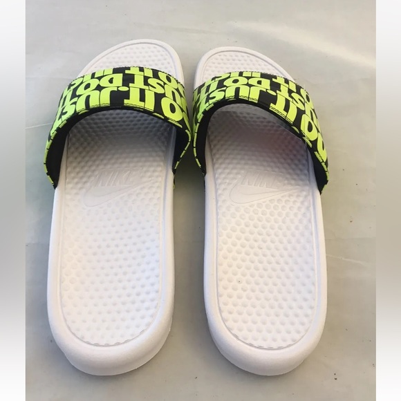 Nike Benassi JDI Print Just Do It Men’s Slides Slippers White Volt- Black 13 - Picture 4 of 12